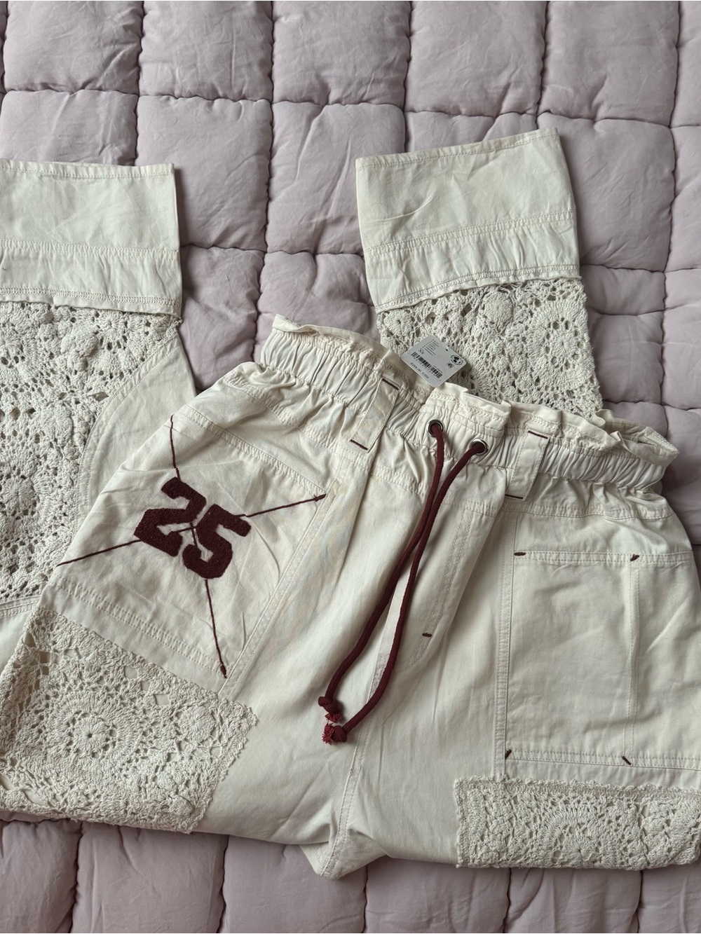 Free People Cream Crochet Trousers with Burgundy Drawcord size XS stretch waist